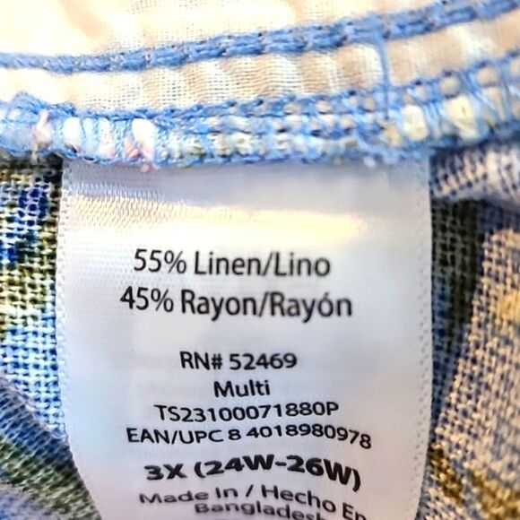 Terra & Sky Blue Linen Shorts with Colorful Flowers, Size 3X,  24W-26W - Picture 11 of 11